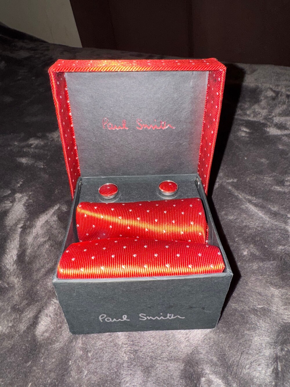 Paul Smith Red Polka Dot Tie Set with Pocket Square and Cufflinks